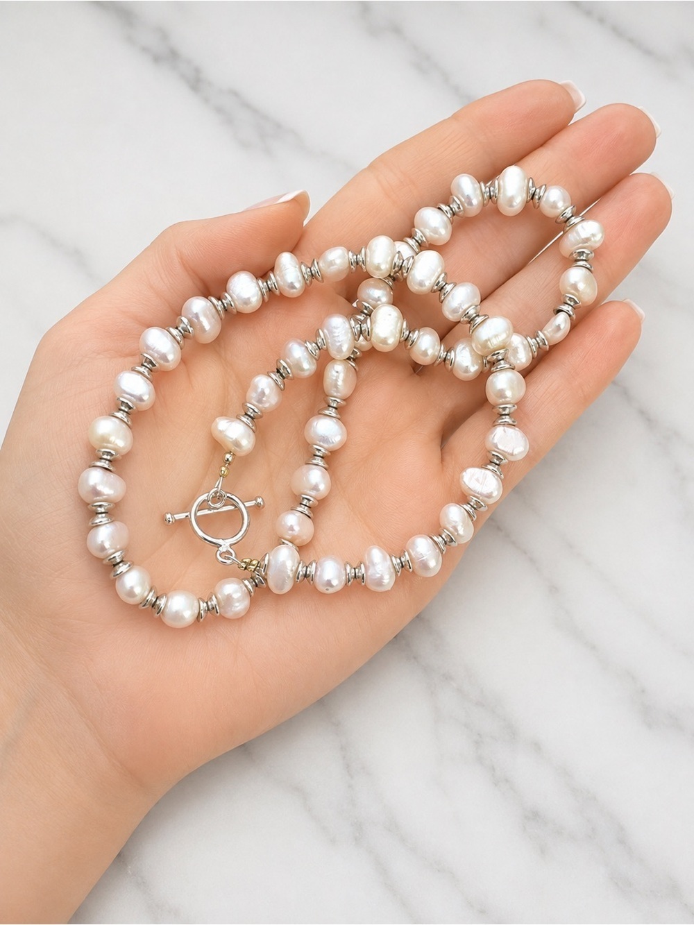 Vintage Stunning Sterling Silver Wrapped Very Detailed Baroque Pearl Necklace16”